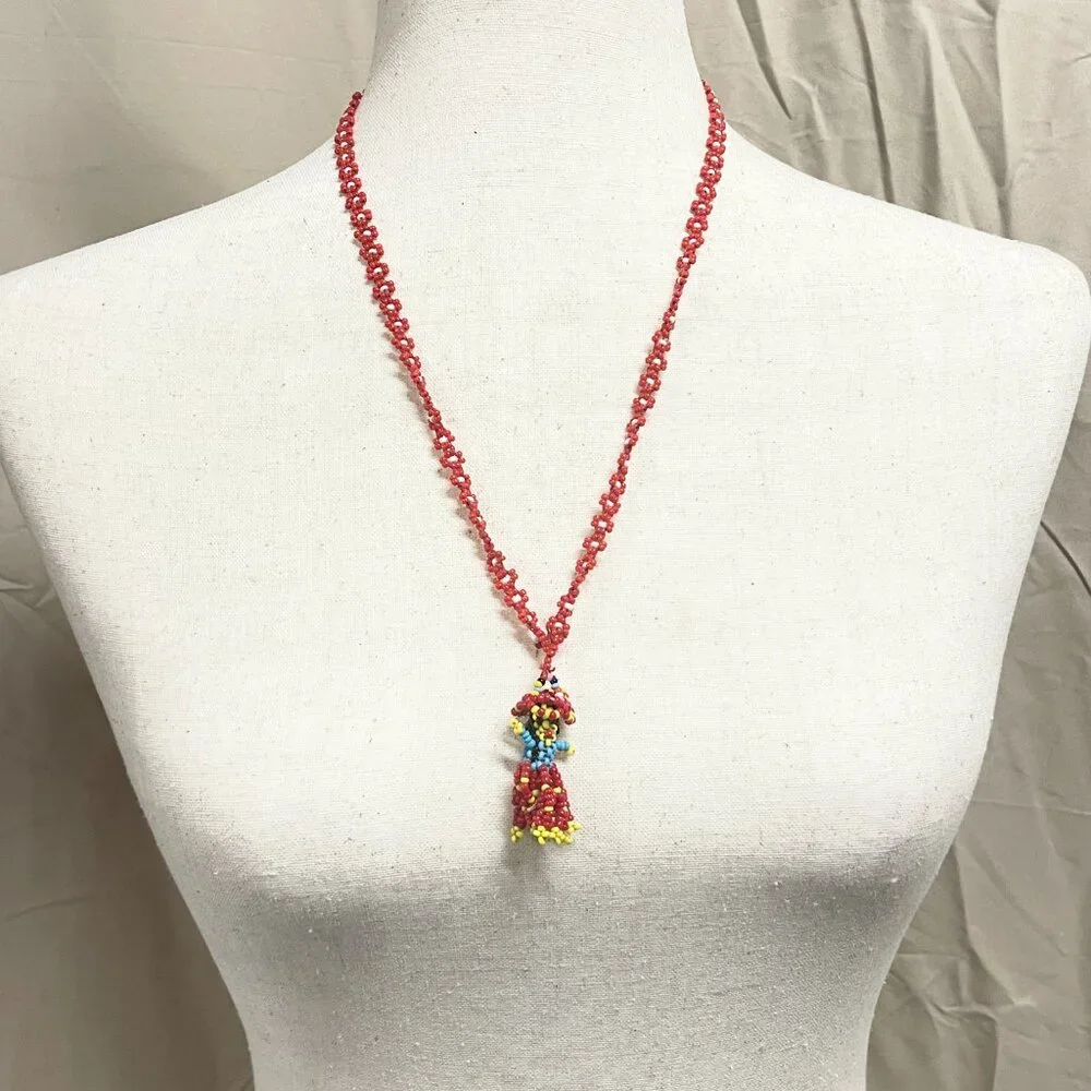 Handmade‎ Beaded Folk Art Necklace | Colorful Boho Woman Pendant | Red Seed Bead